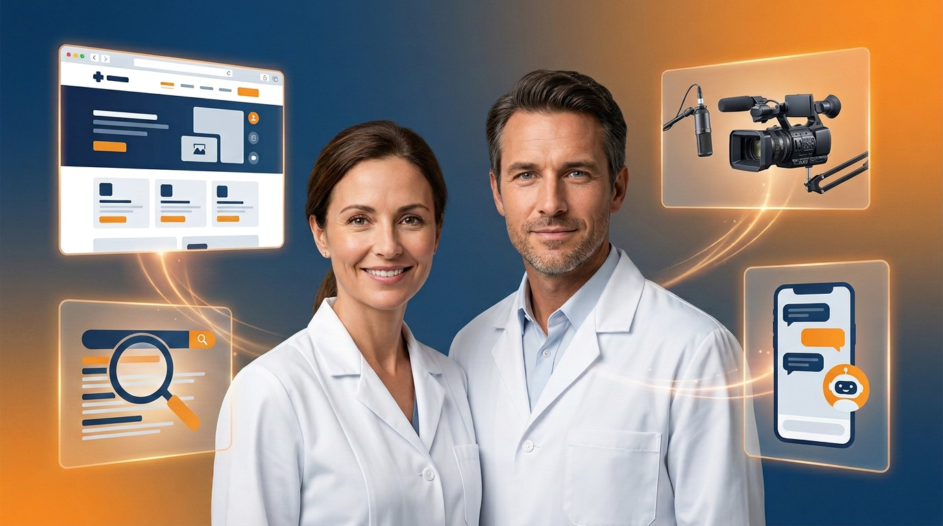 Due medici sorridenti circondati da elementi che rappresentano i servizi MedicAgency: sito web, produzione video e assistente AI per WhatsApp